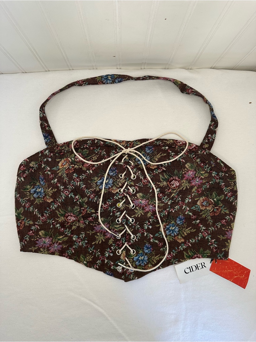 CIDER Floral Tapestry Lace Up Halter Corset Top Brown XL